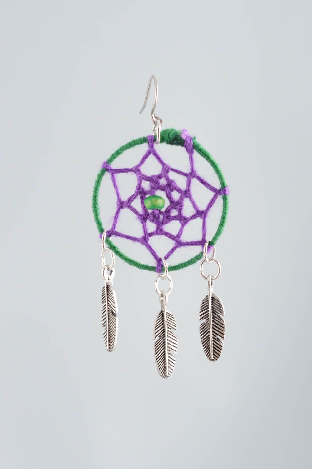 Handmade long danging earrings dreamcatcher green and violet with metal feathers photo 2