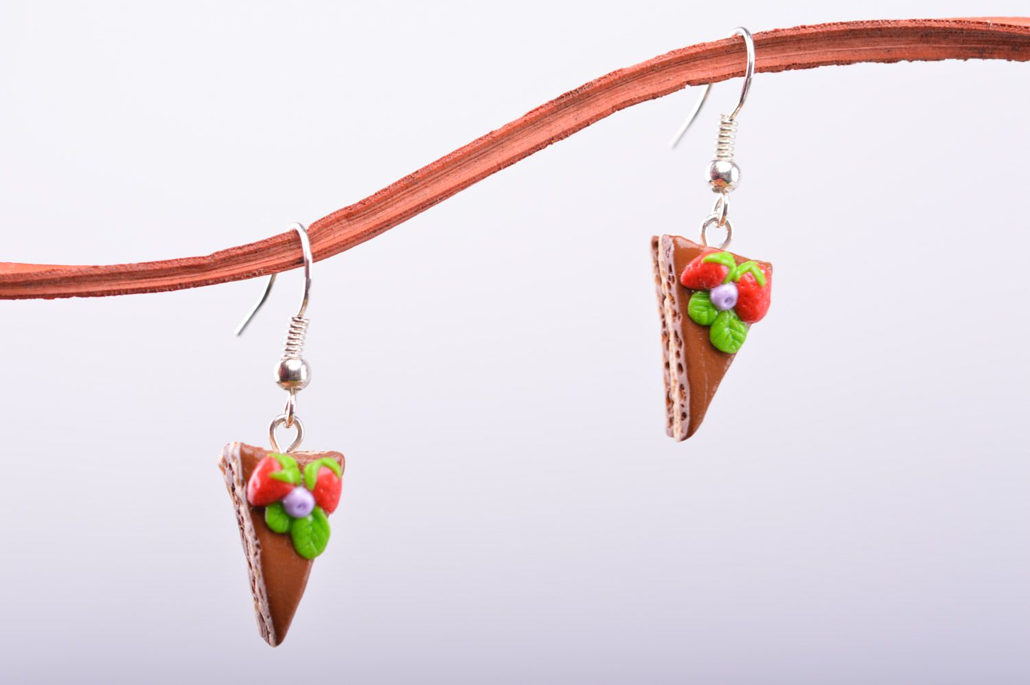 Bright women's handmade polymer clay earrings in the shape of cakes with berries photo 2