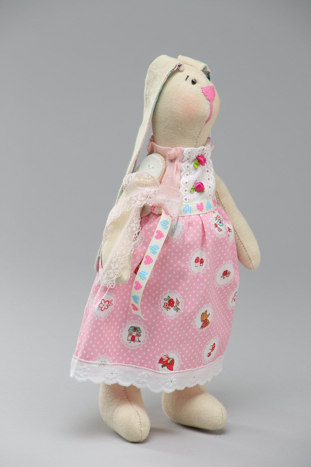 Handmade decorative soft toy sewn of cotton Rabbit in beautiful pink dress photo 2