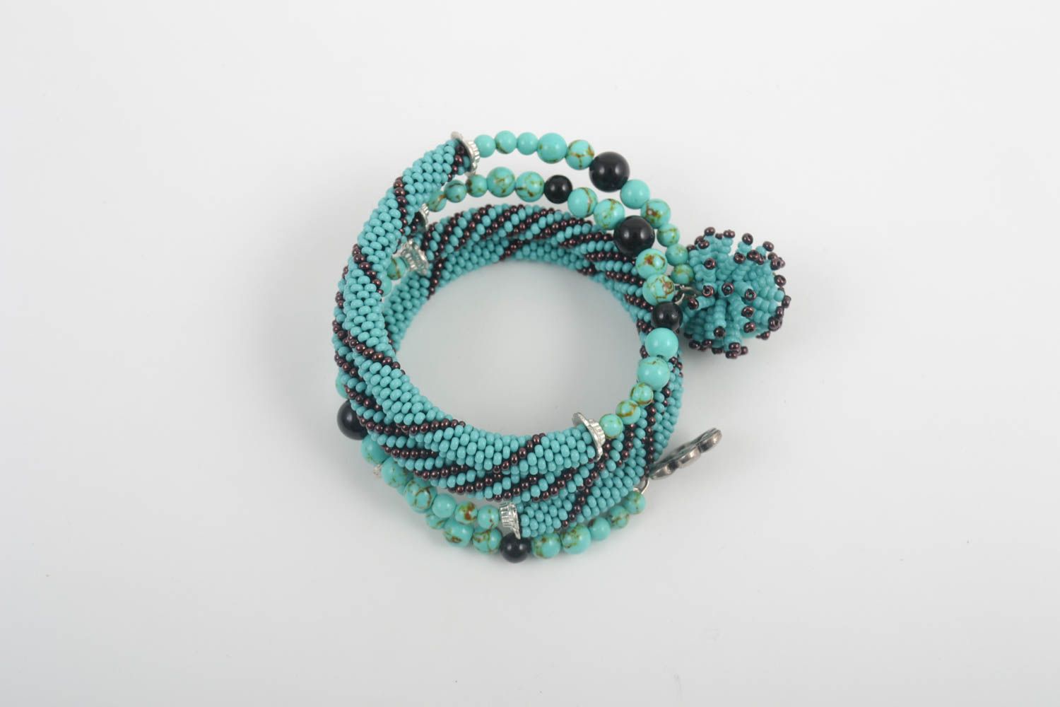 Turquoise and black beaded four-layer cord bracelet for women photo 5