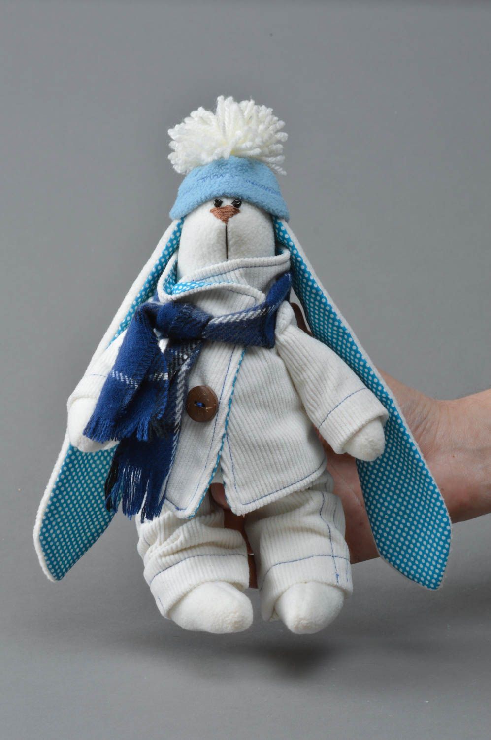 Handmade cotton and fleece soft toy rabbit rabbit in hat and scarf for kids  photo 3