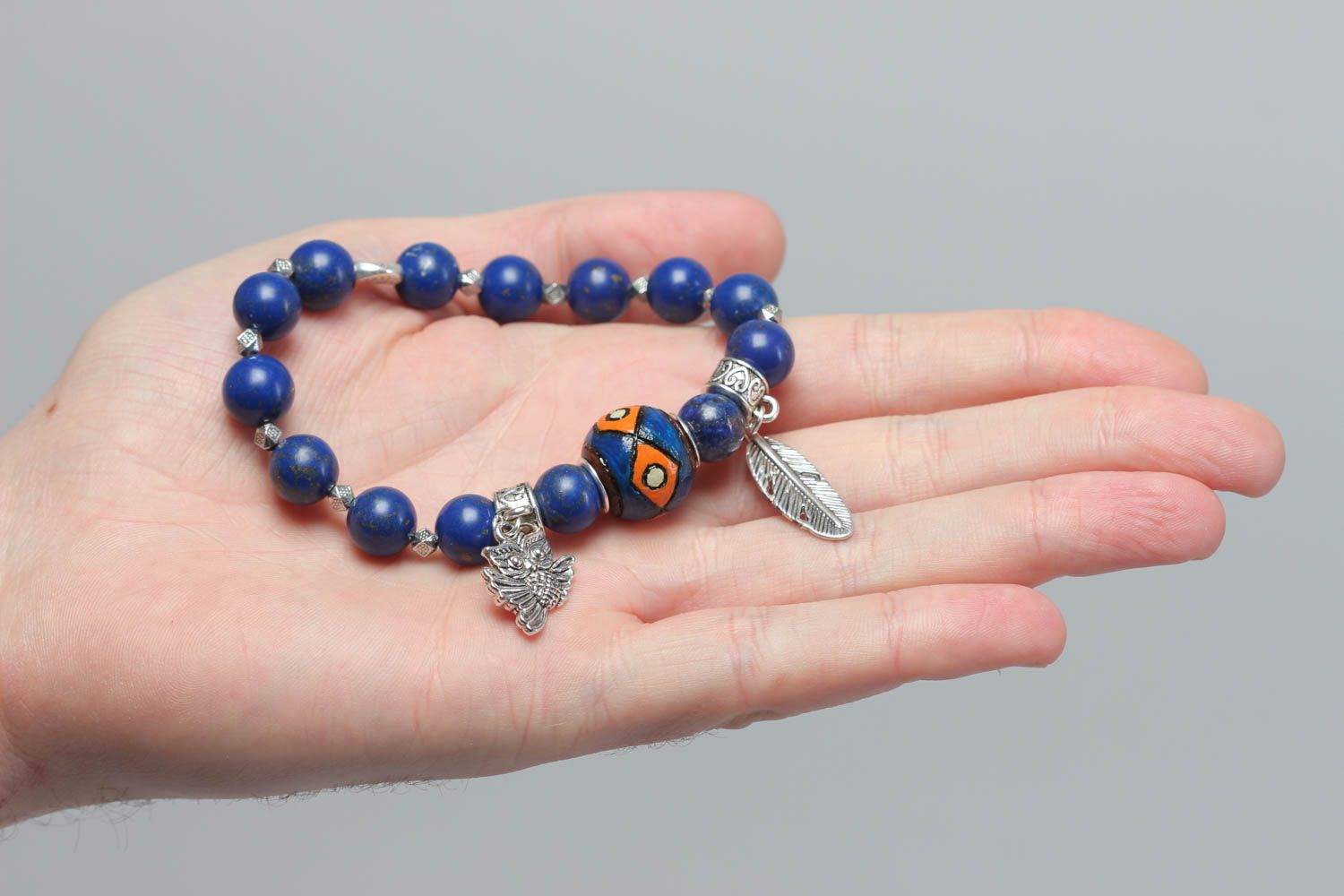 Blue natural stone beads bracelet with owl charms for women photo 5