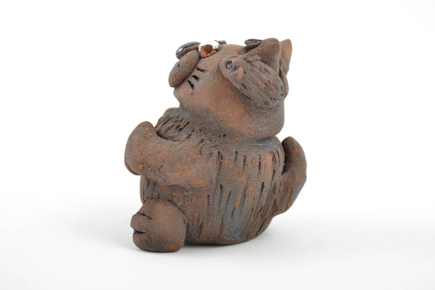 Petite figurine en céramique en forme de chat fait main peinte brune originale photo 4