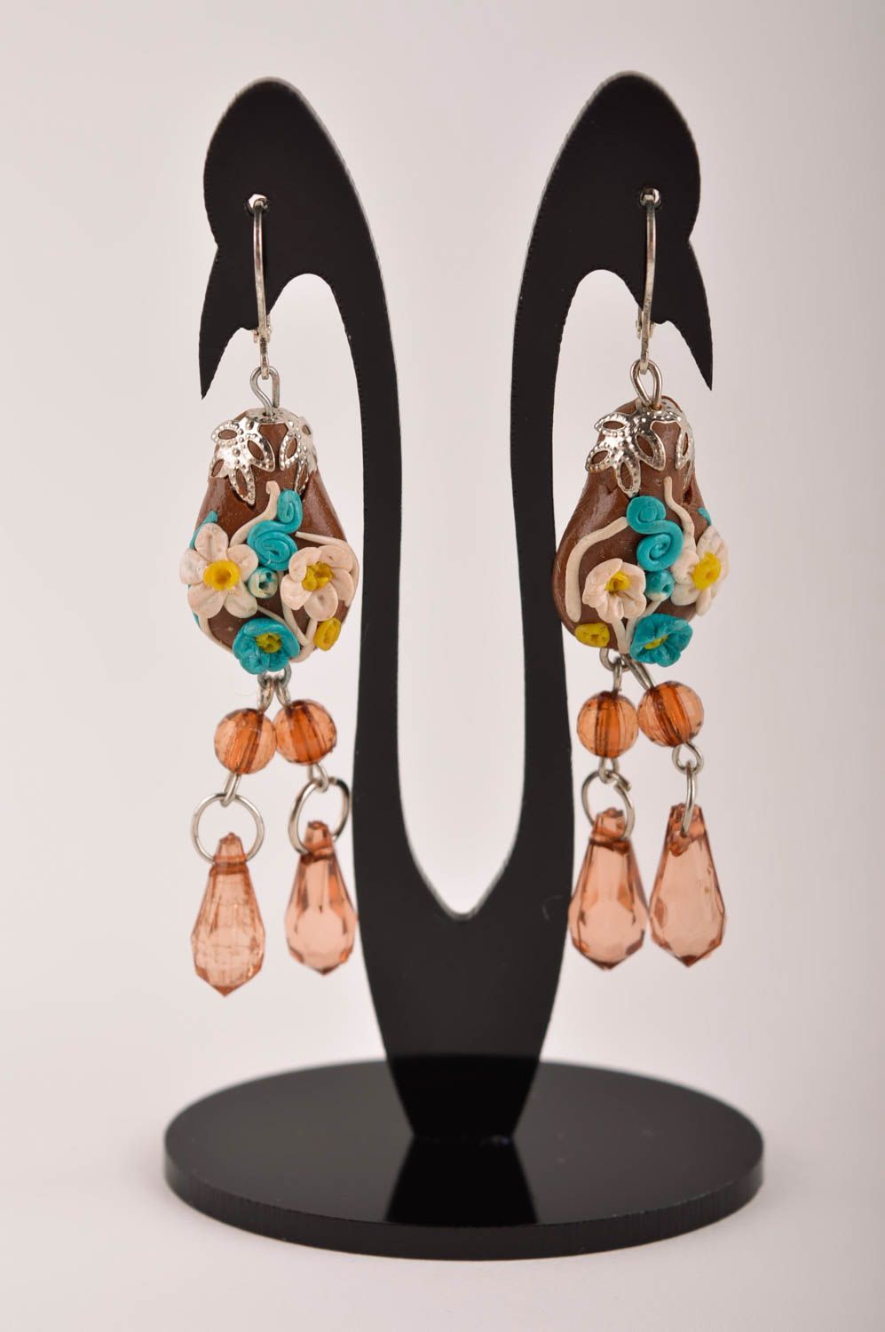 Handmade Designer Schmuck braune Blumen Ohrringe Accessoire für Frauen lang foto 5
