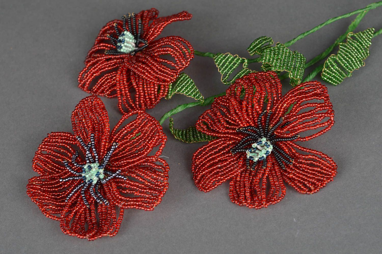 Set of 3 handmade designer artificial woven bead flowers for home decor Poppies photo 5