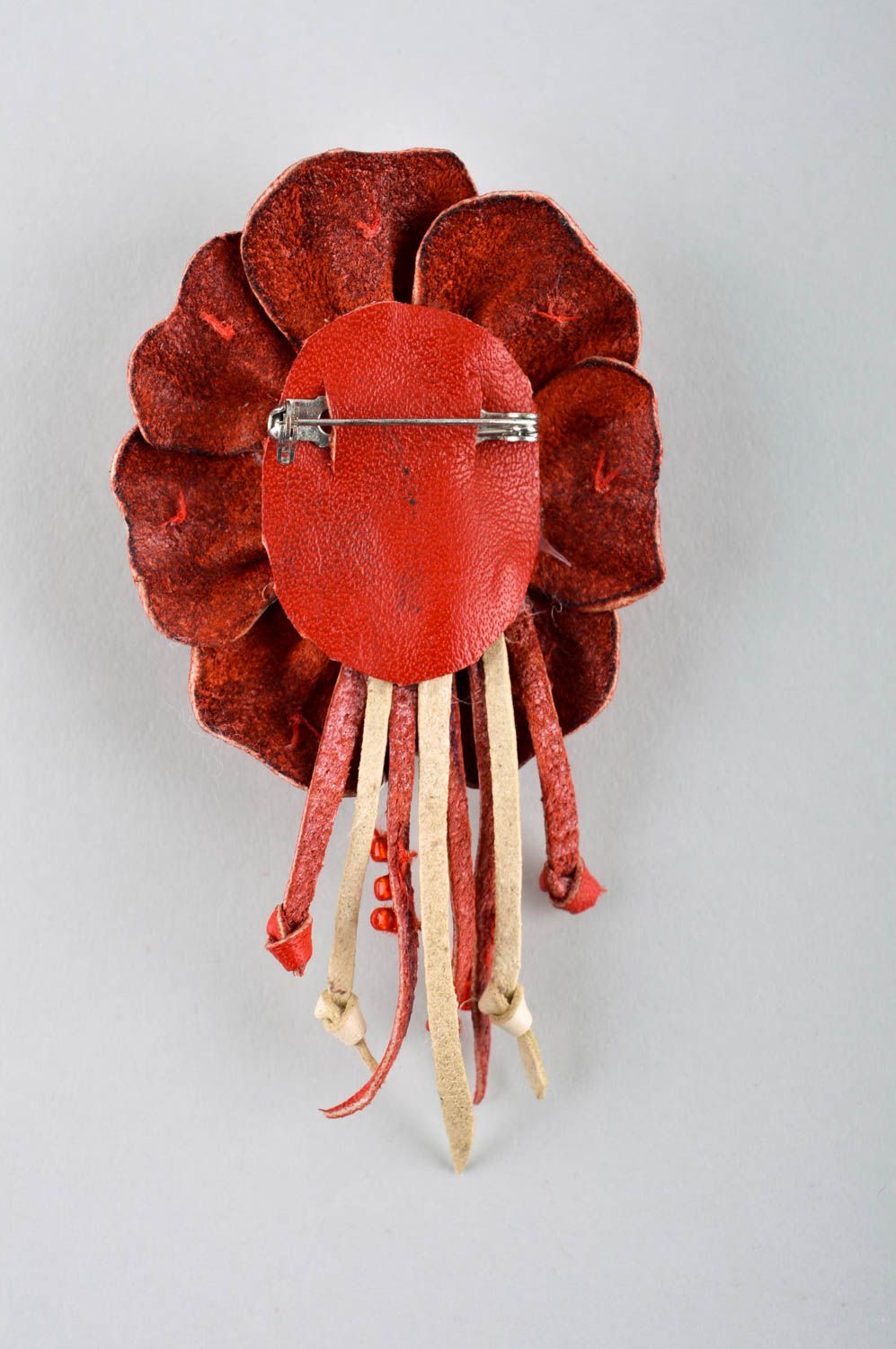 Broche fleur Bijou fantaisie fait main Accessoire en cuir pour femme rouge photo 3