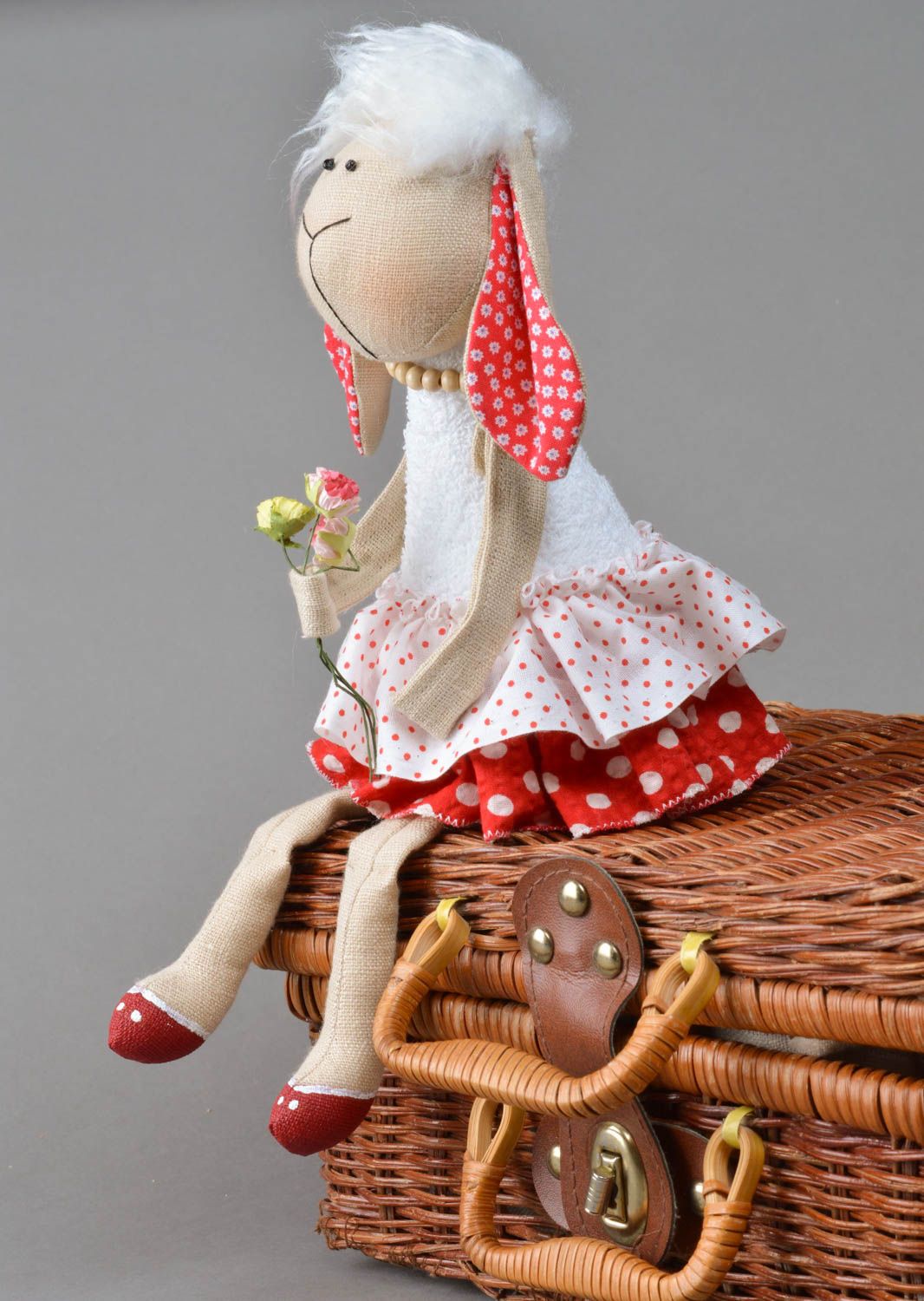 Handmade natural fabric soft toy Lamb in cute dress with decorative flowers photo 4