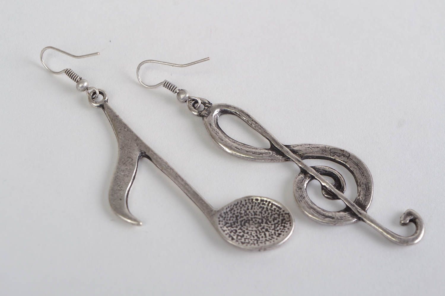 Unusual design handmade cast metal dangle earrings in the shape of notes photo 5