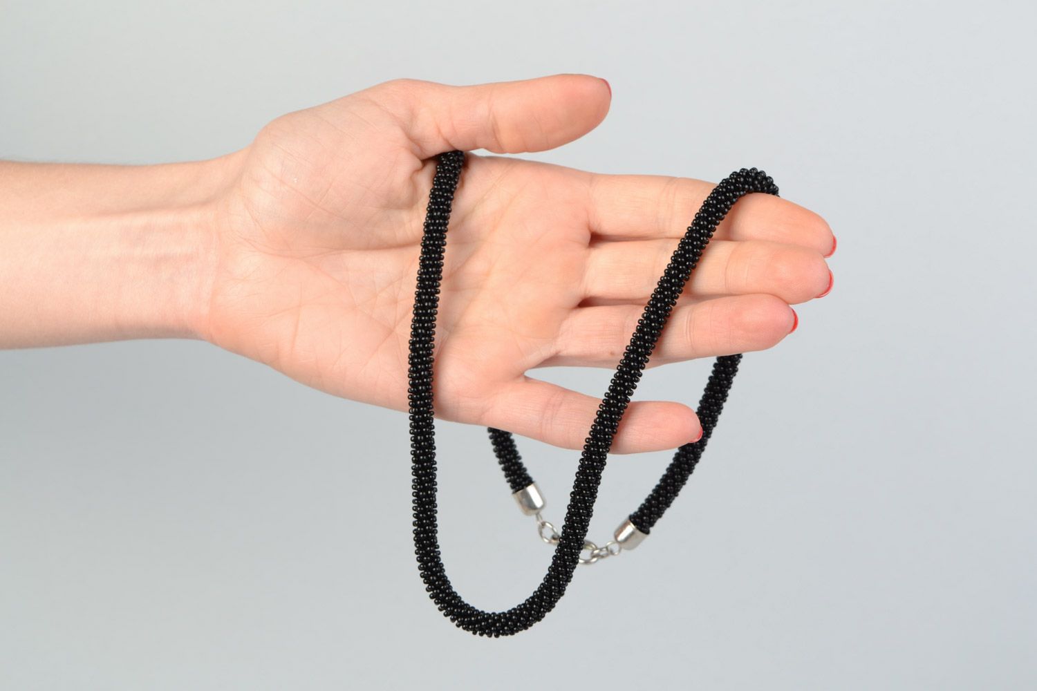 Handmade long elegant Czech beads necklace in black color for girls photo 2