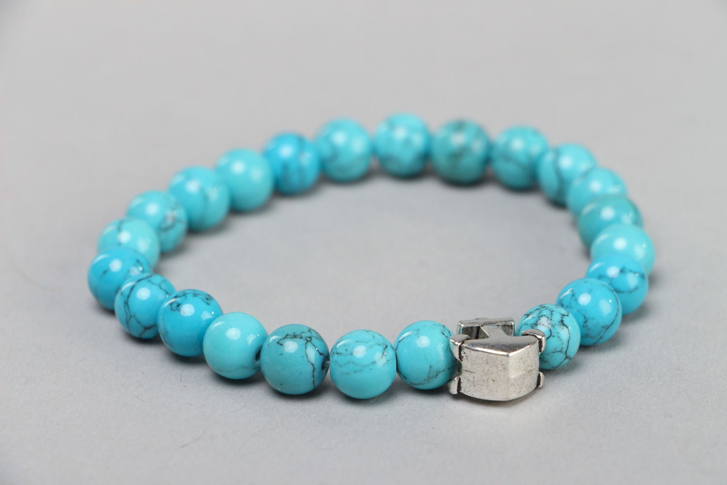 Handmade wrist stretch bracelet with turquoise beads and metal anchor charm photo 2