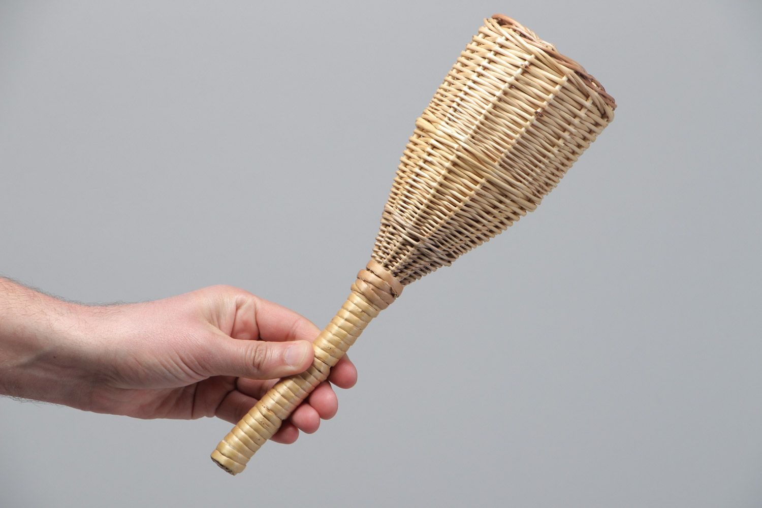 Unusual large light handmade rattle toy woven of wicker with handle for babies photo 5