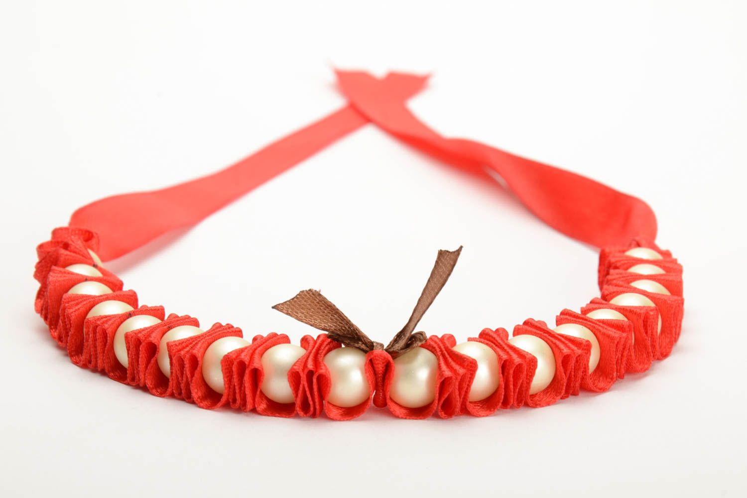 Handmade woven red satin ribbon bracelet with plastic beads Wine photo 4