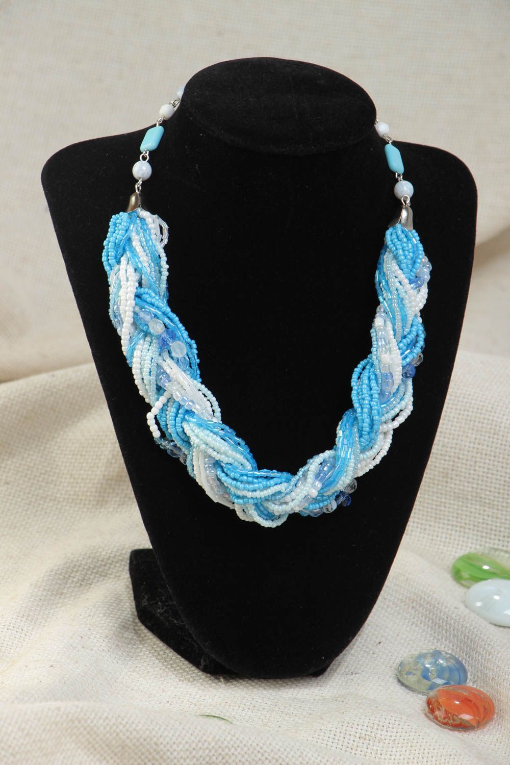 Handmade volume designer necklace woven of blue and white beads for women photo 1