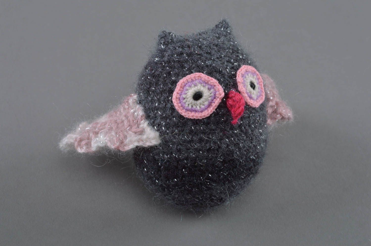 Handmade designer small gray crochet toy owl for children photo 3