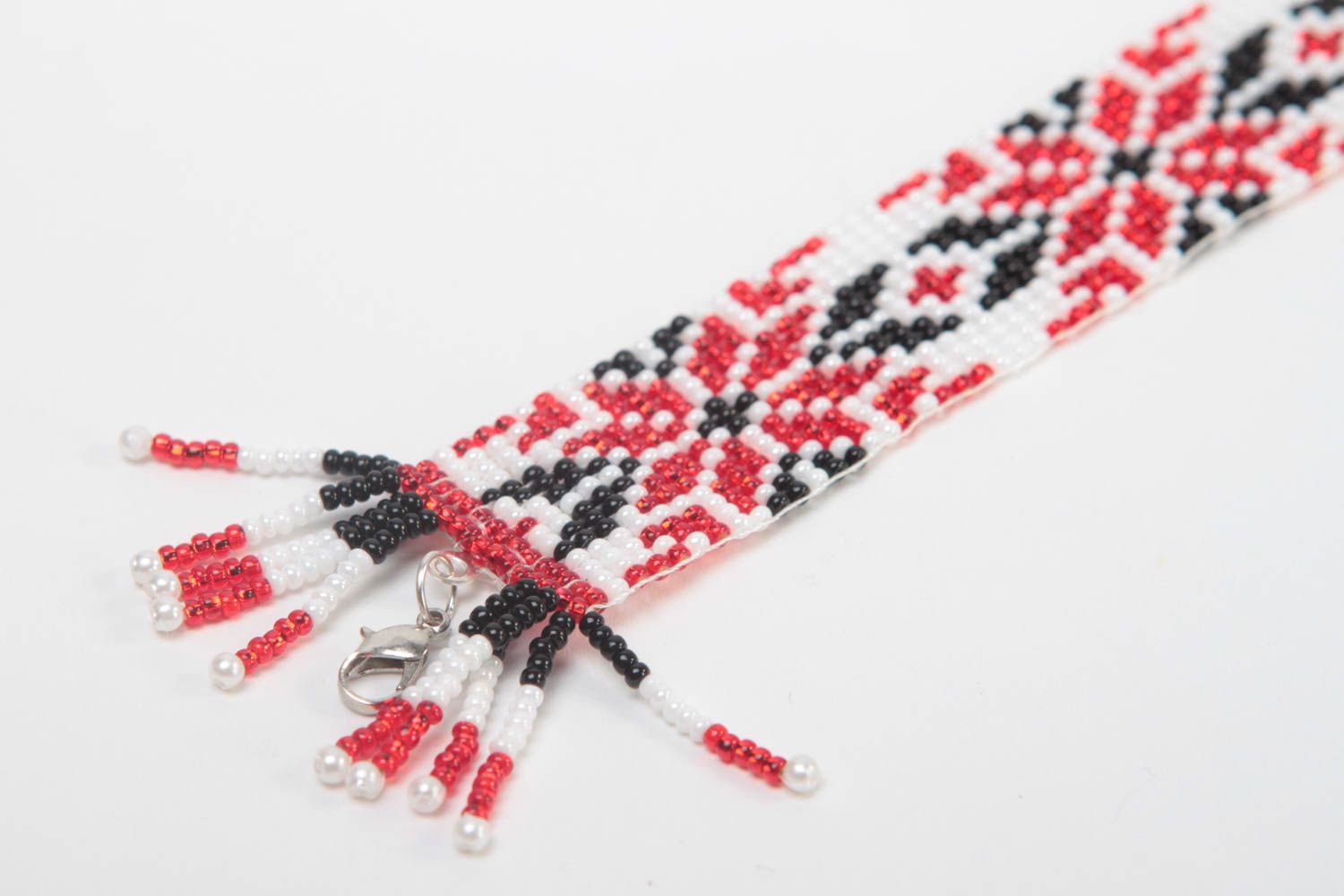 Handmade ethnic Ukrainian style beaded bracelet in red, black and white color for women photo 3
