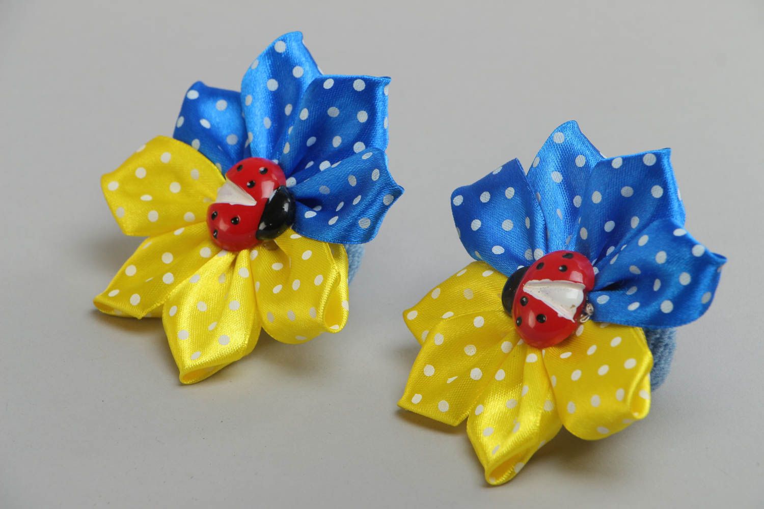 Handmade set of scrunchies made of satin ribbons yellow-blue flowers 2 pieces photo 2