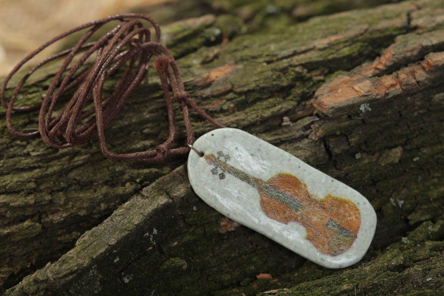 Handmade white long polymer clay pendant necklace with bass viol image on cord photo 1