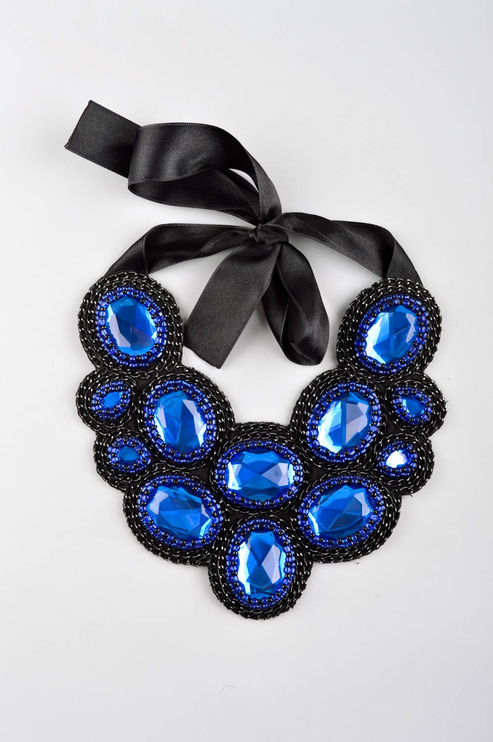 Stoff Halskette handmade Mode Schmuck blaues Damen Collier aus Kristallen foto 2