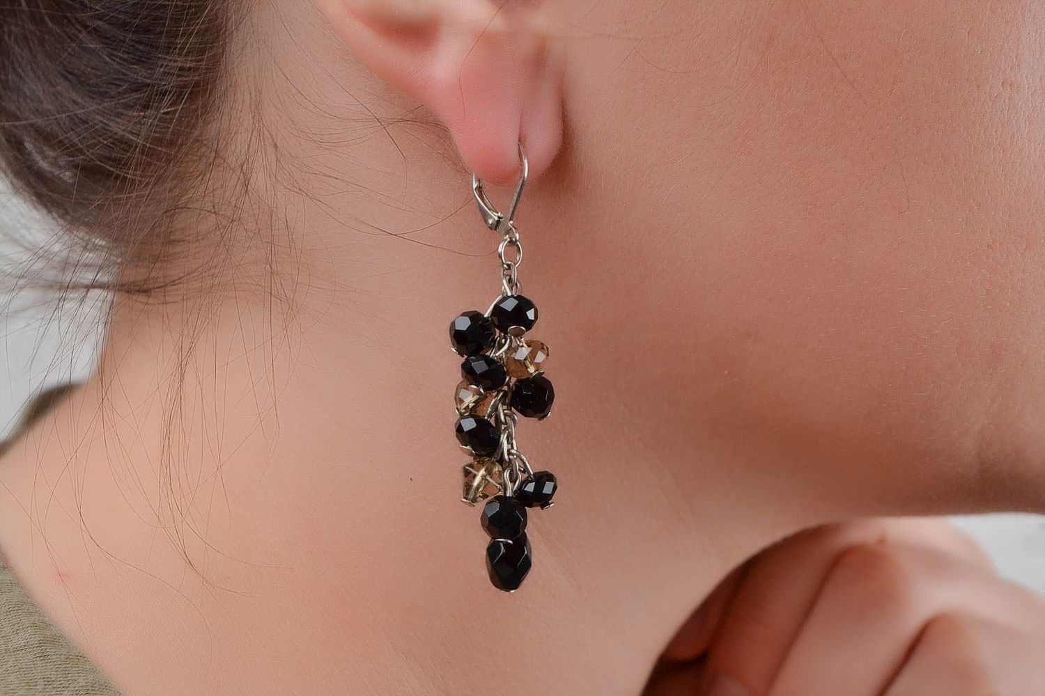 Beautiful long black stylish handmade earrings made of Czech glass photo 2
