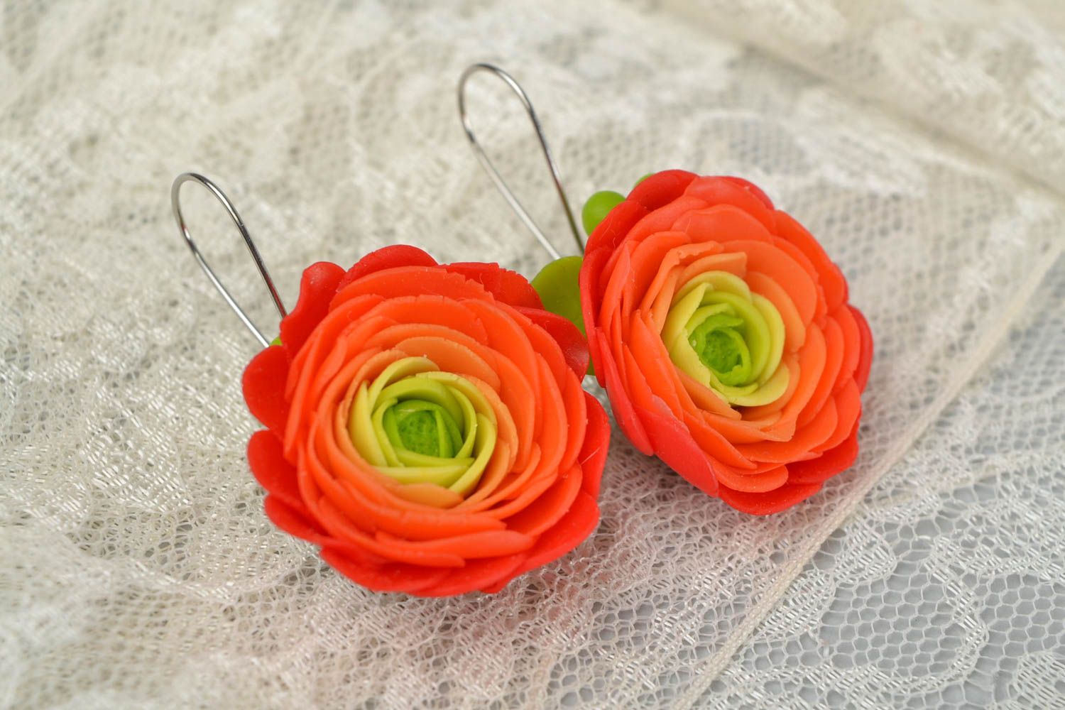 Handmade colorful big earrings made of polymer clay in shape of flowers jewelry photo 1