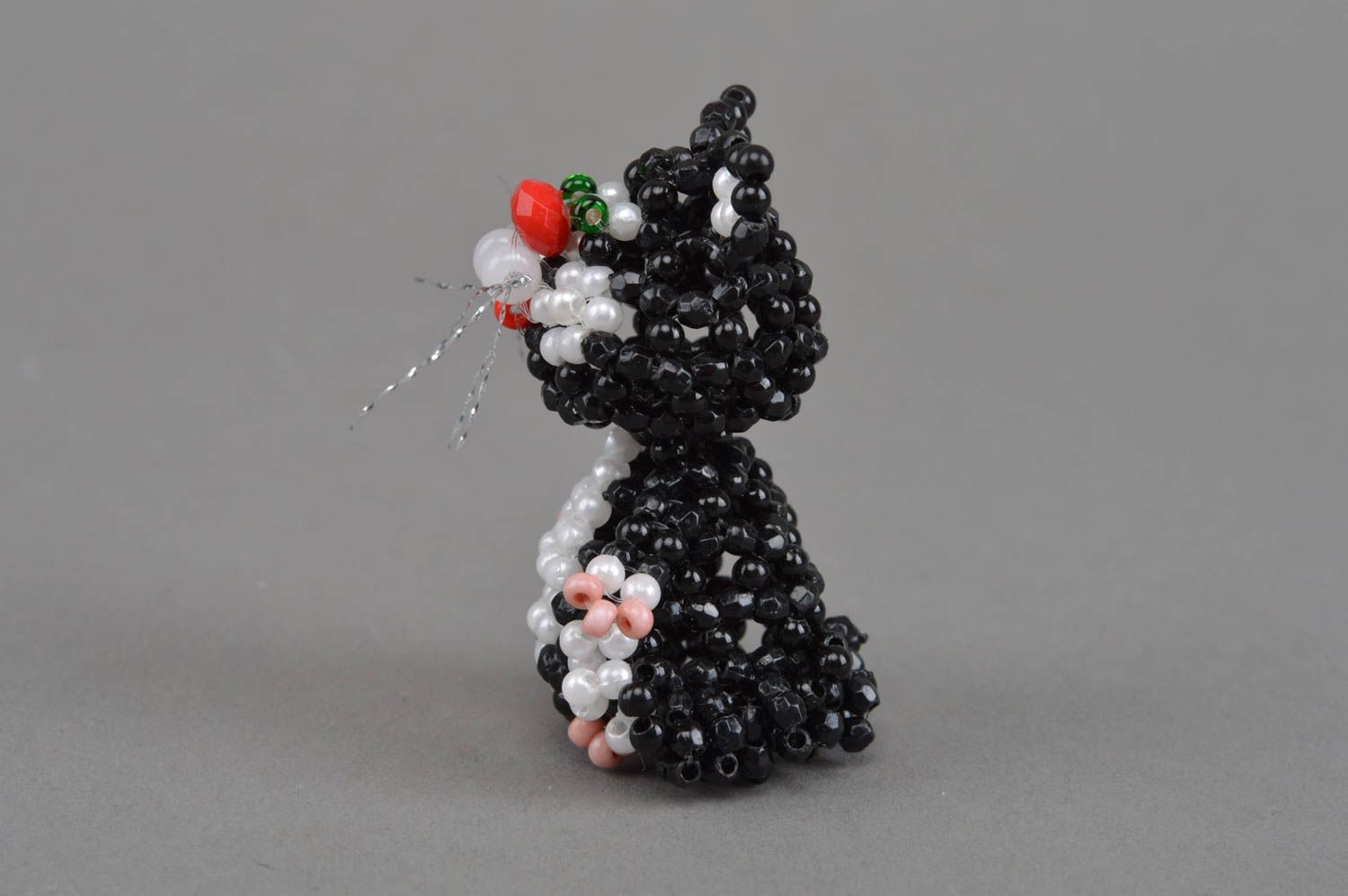 Small handmade designer woven bead figurine of black cat home interior decor photo 4