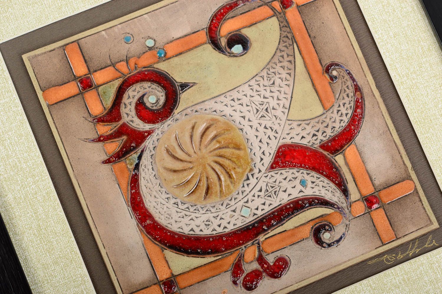 Keramische Fliese mit Muster im Rahmen Wand Dekor handmade mit schönem Vogel foto 3
