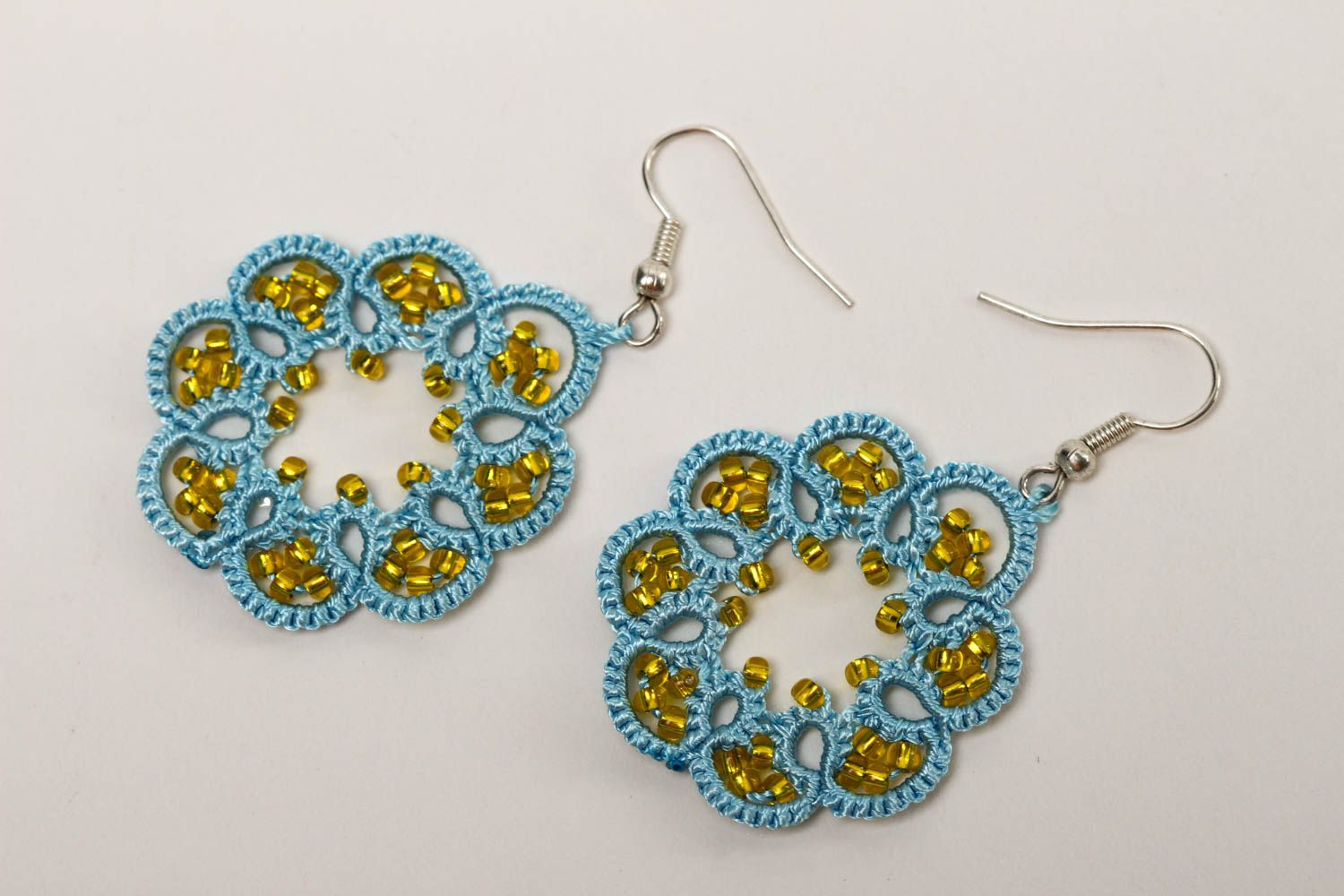 Blue handmade tatting earrings woven textile earrings accessories for girls photo 2
