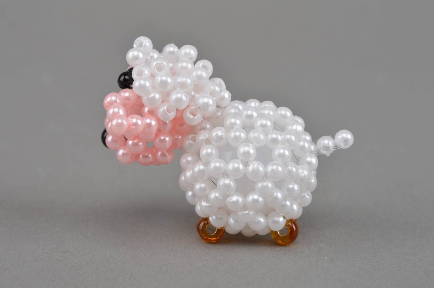 Small handmade designer woven bead figurine of white sheep for home decor photo 3