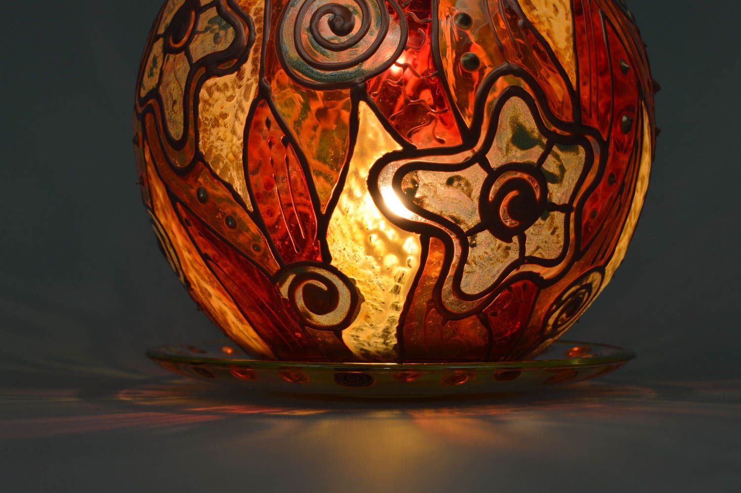 Schöner Kerzenhalter aus Glas mit Untersatz bunt handmade künstlerisch bemalt foto 2
