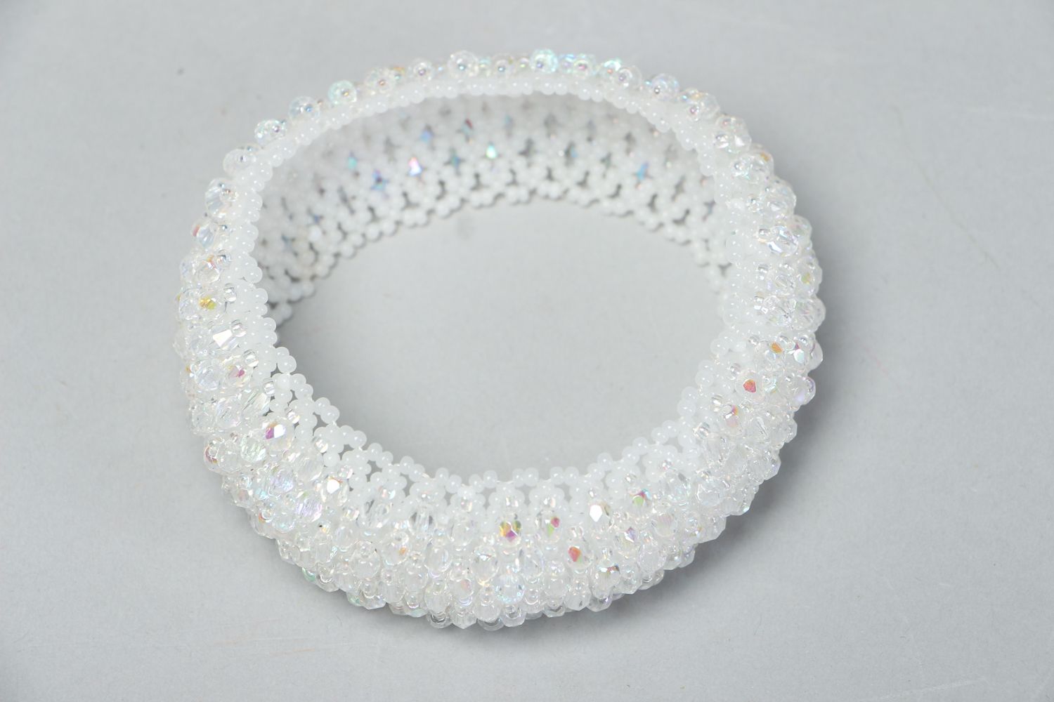 White handmade wide beaded bracelet photo 2