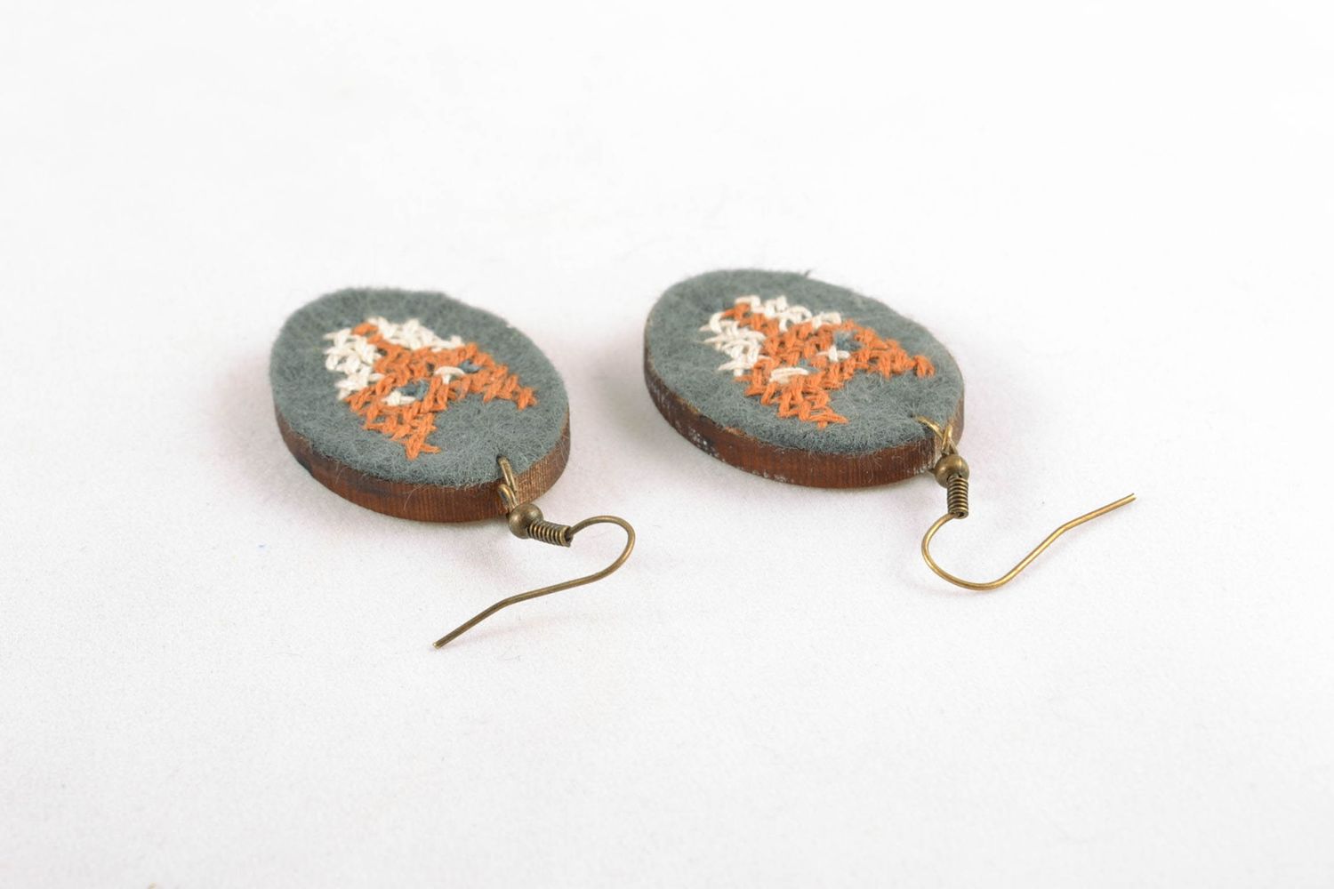 Handmade oval earrings with satin stitch embroidery photo 5