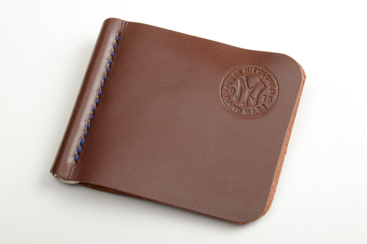 Portefeuille avec pince à billets brun vrai cuir compartiment monnaies fait main photo 2