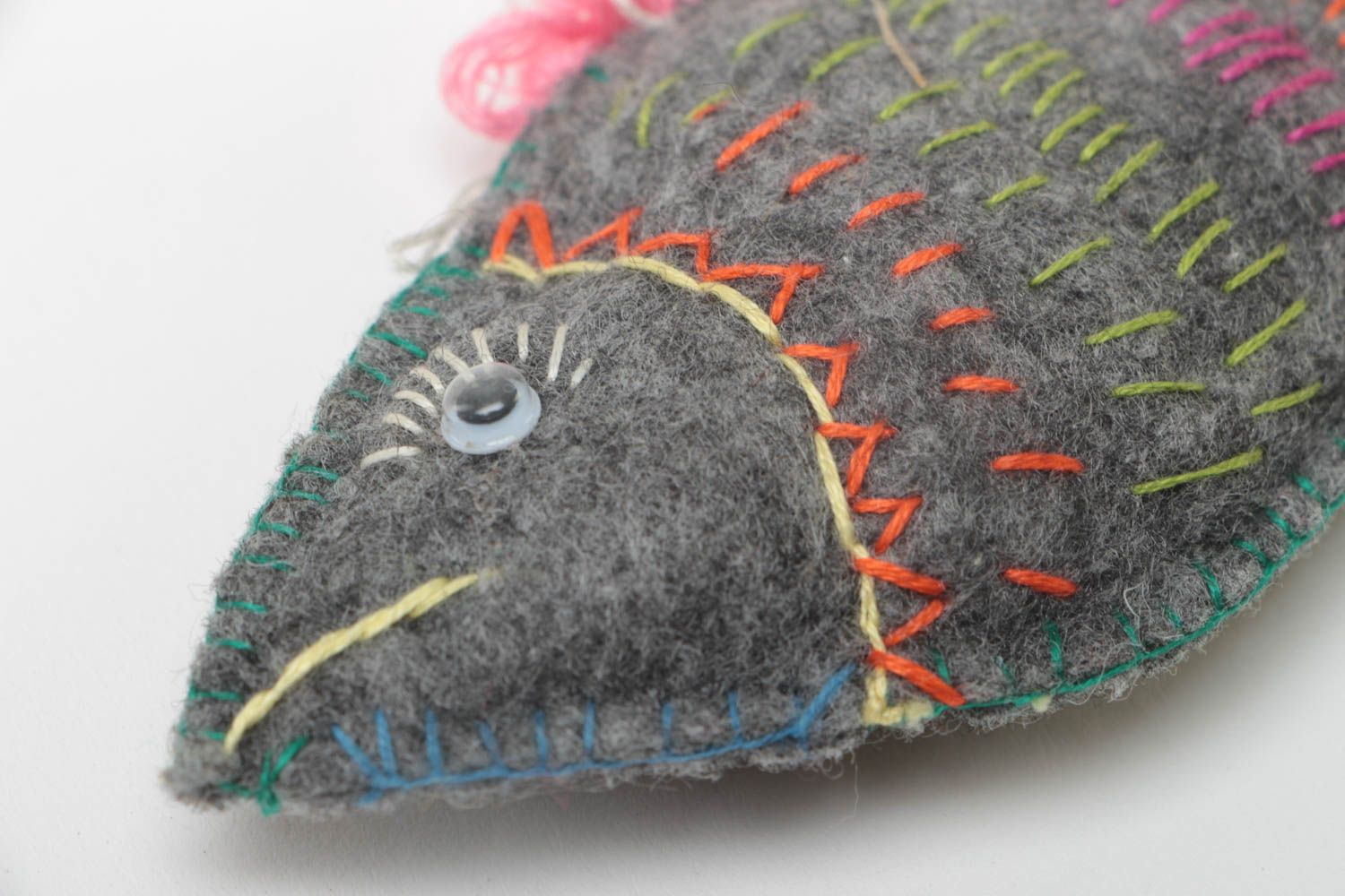Handmade designer interior soft toy sewn of felt gray fish with embroidery photo 4