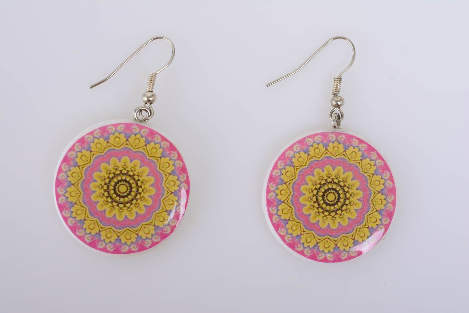 Polymer clay earrings of round shape light pink with yellow handmade jewelry photo 5