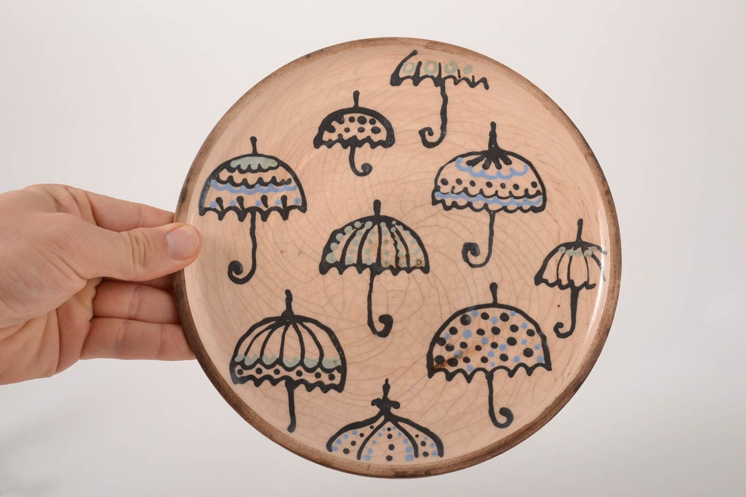Керамическая тарелка ручной работы глиняная посуда расписная тарелка Зонтики фото 5