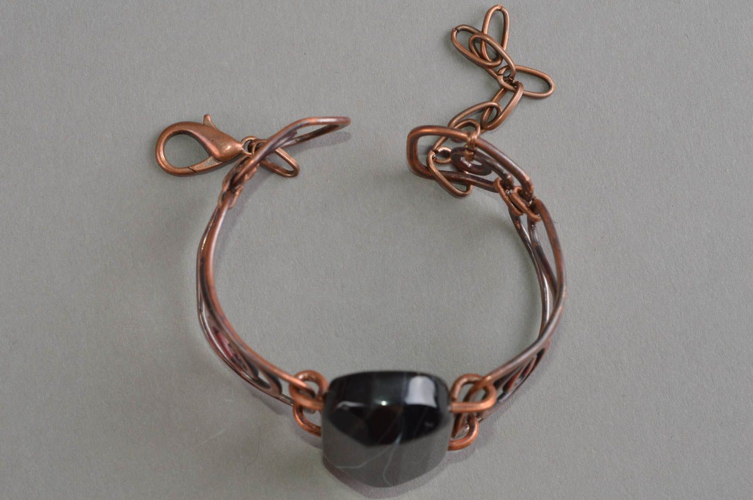 Bracelet en cuivre avec pierre noire forgeage à chaud fait main large Magie photo 3