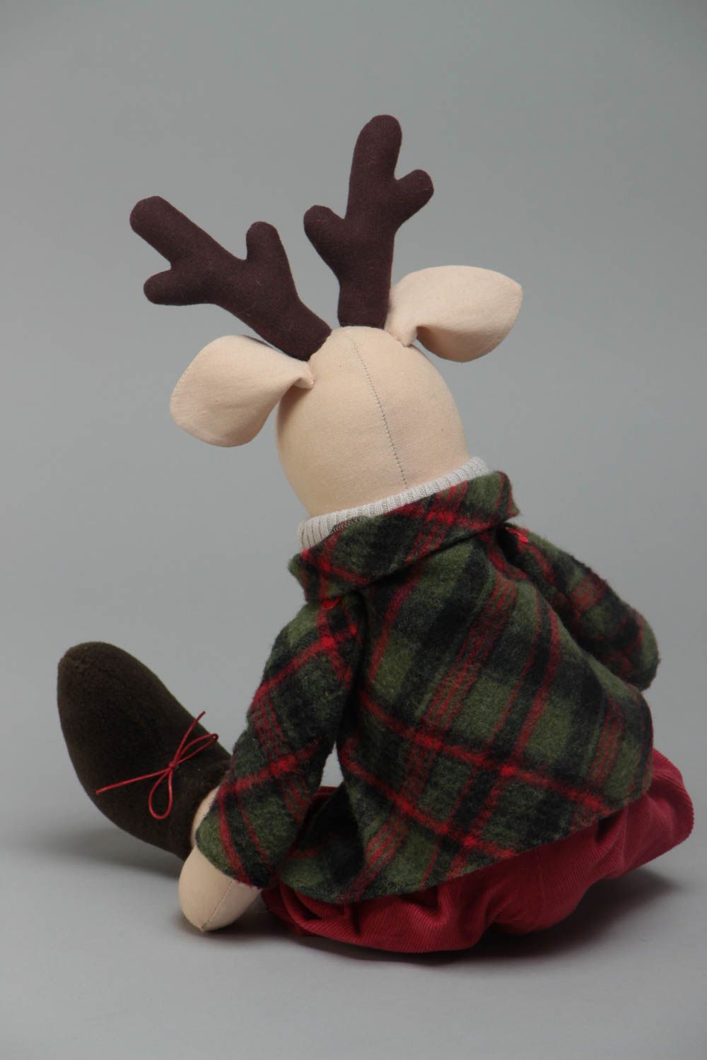 Handmade designer cotton and fleece fabric soft toy deer in checkered jacket photo 3