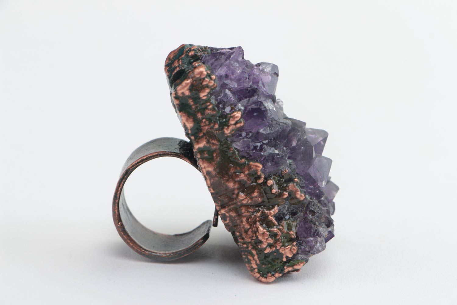 Massive handmade designer open type copper ring with natural amethyst stone photo 2