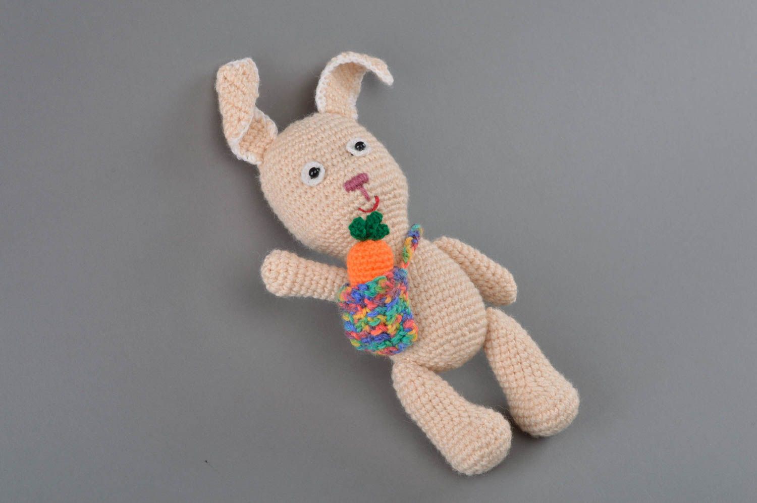 Beautiful handmade soft toy hare with carrot crocheted of acrylic and viscose photo 3