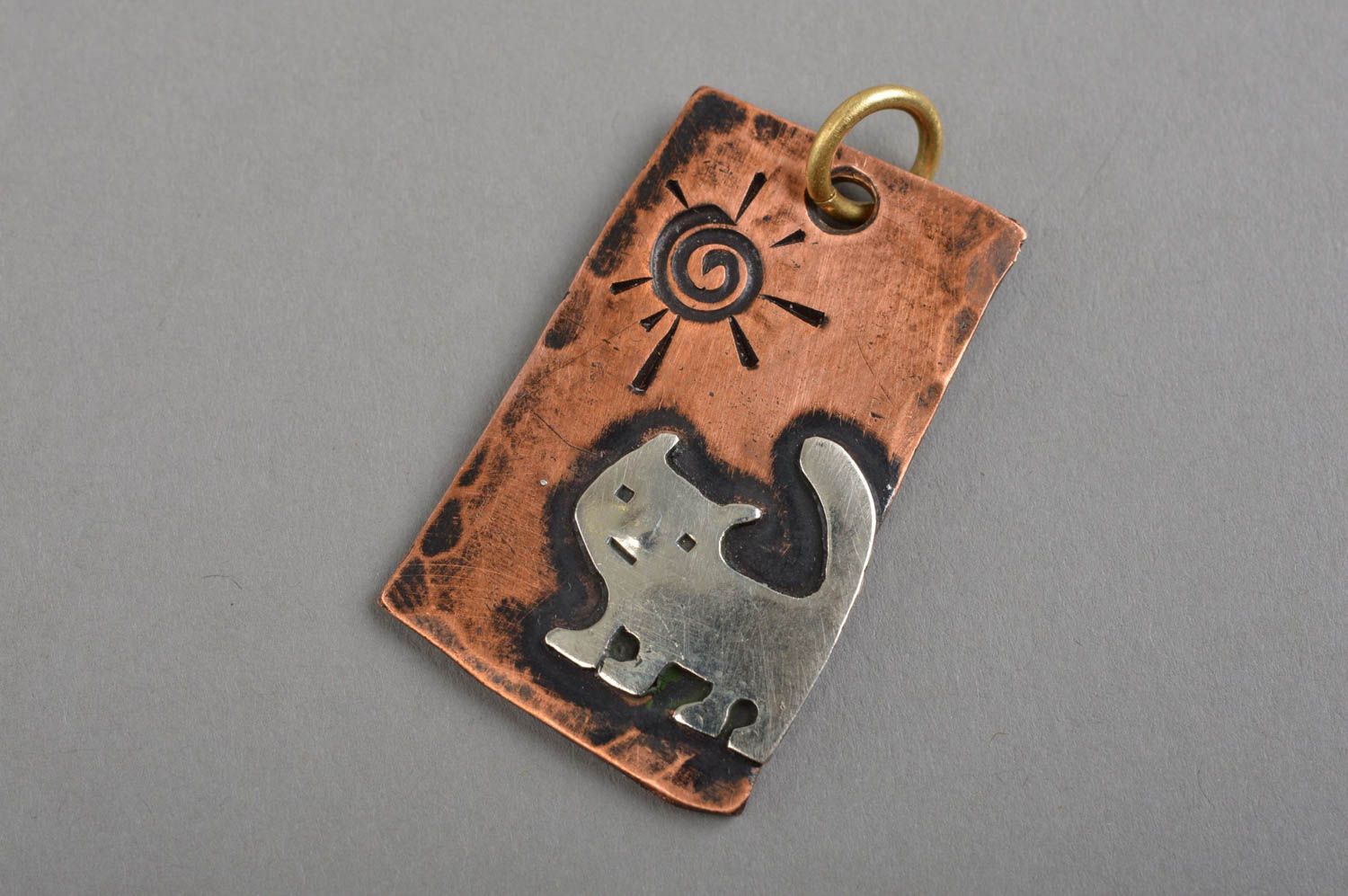 Handmade rectangular pendant made of brass and stainless steel cat for girls photo 4