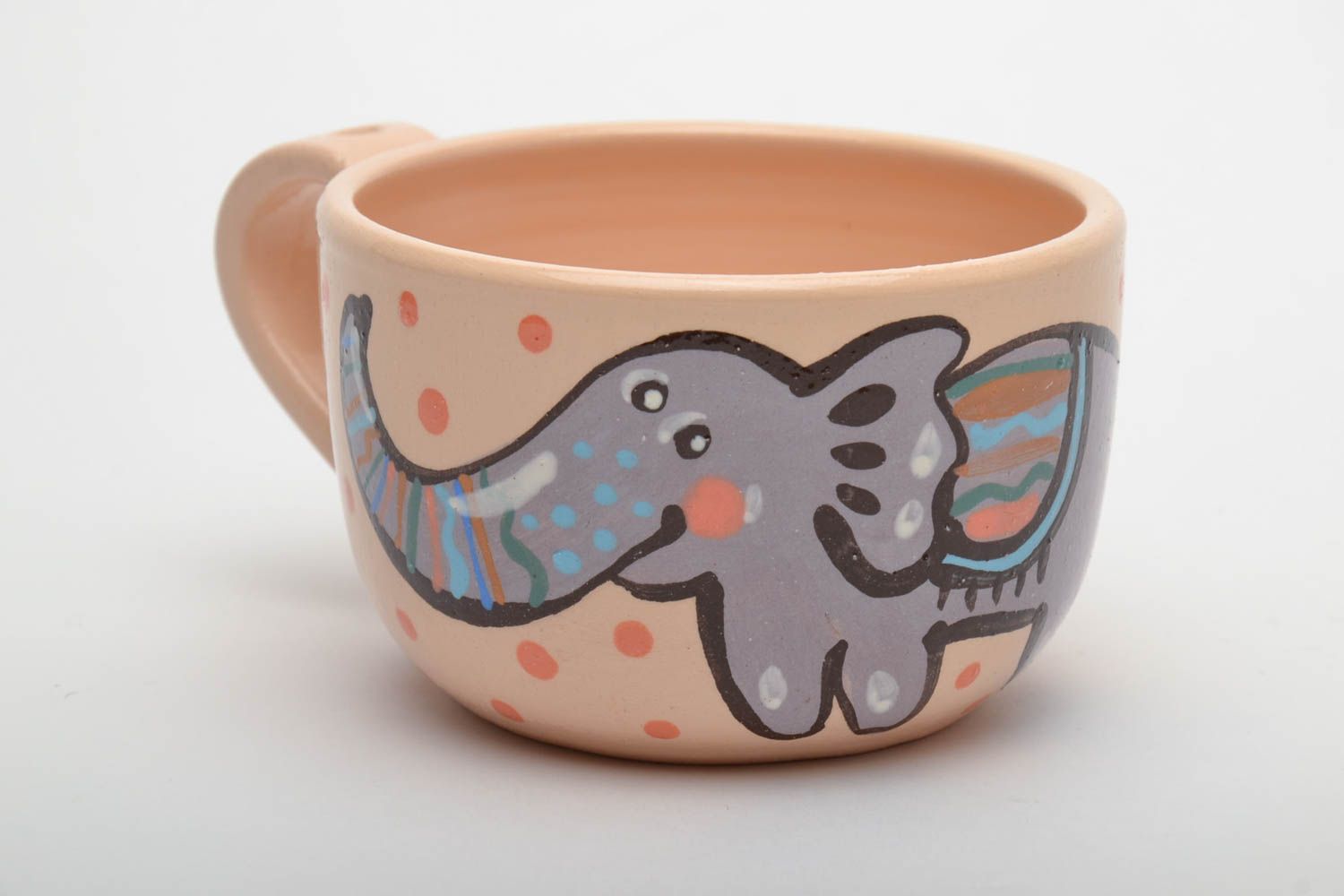 Clay tea cup with elephant pattern and handle. Great gift for a child photo 2