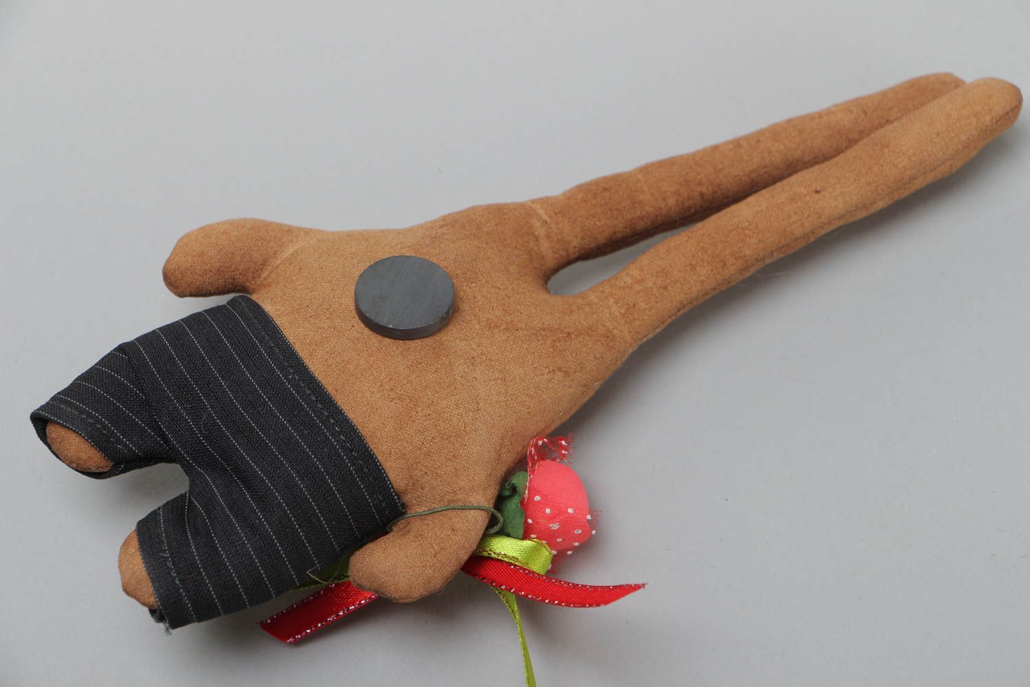 Handmade fridge magnet soft toy sewn of cotton fabric with coffee aroma Rabbit photo 4