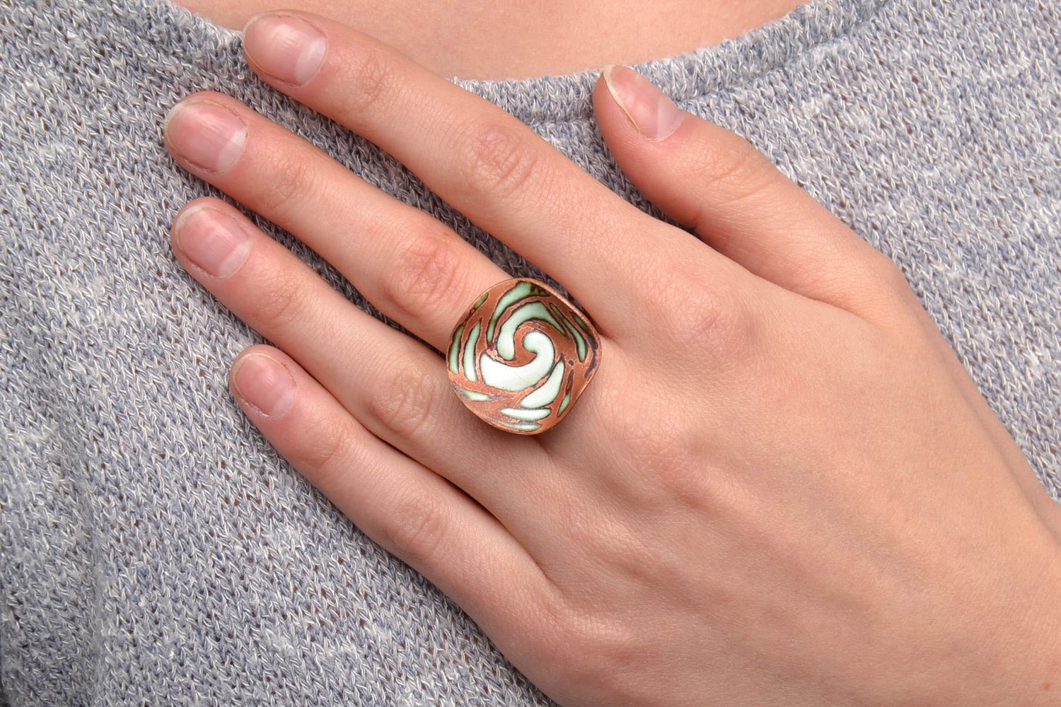 Copper ring with colorful enamel painting photo 5