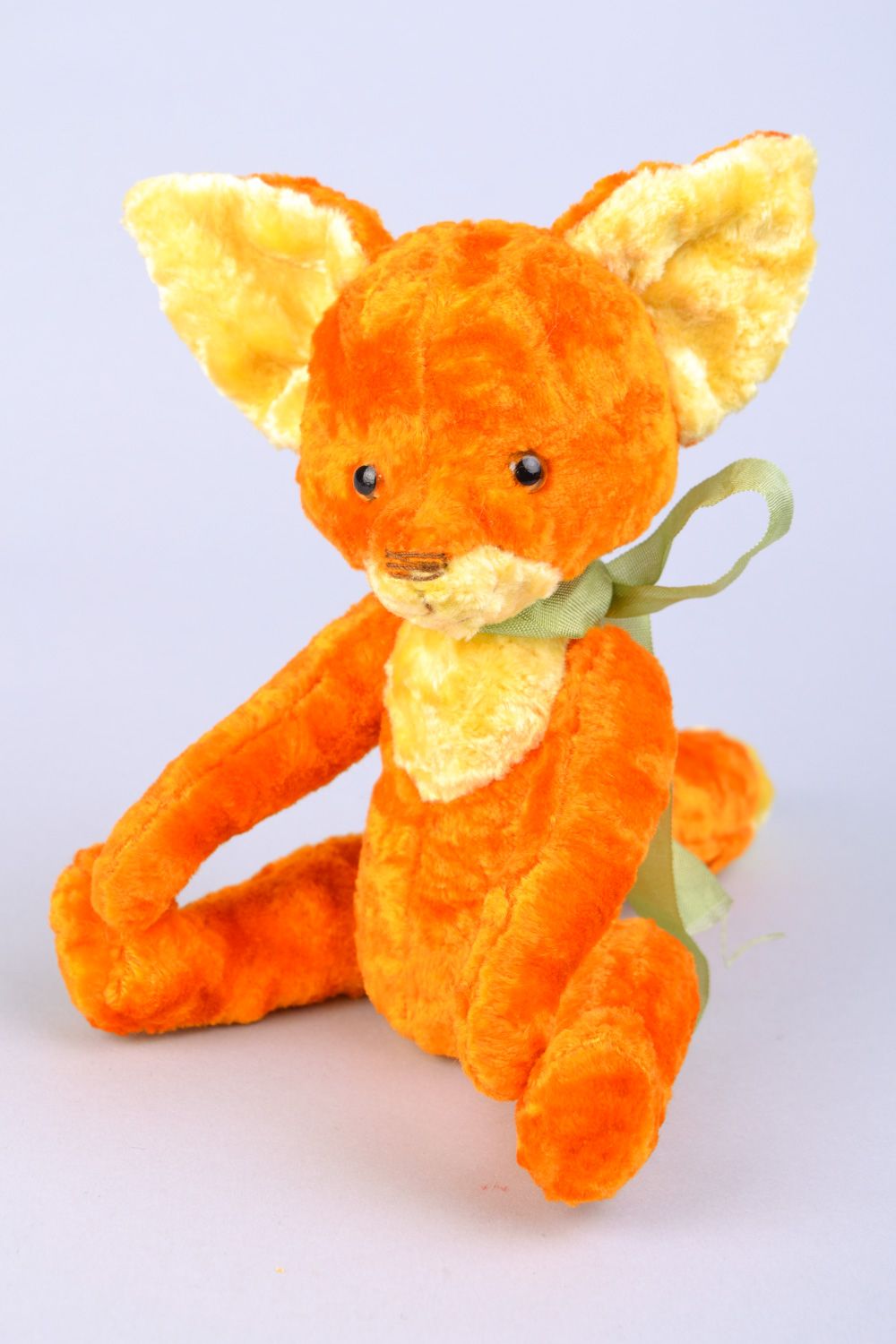 Handmade designer vintage soft plush toy fox of orange color with bow photo 1