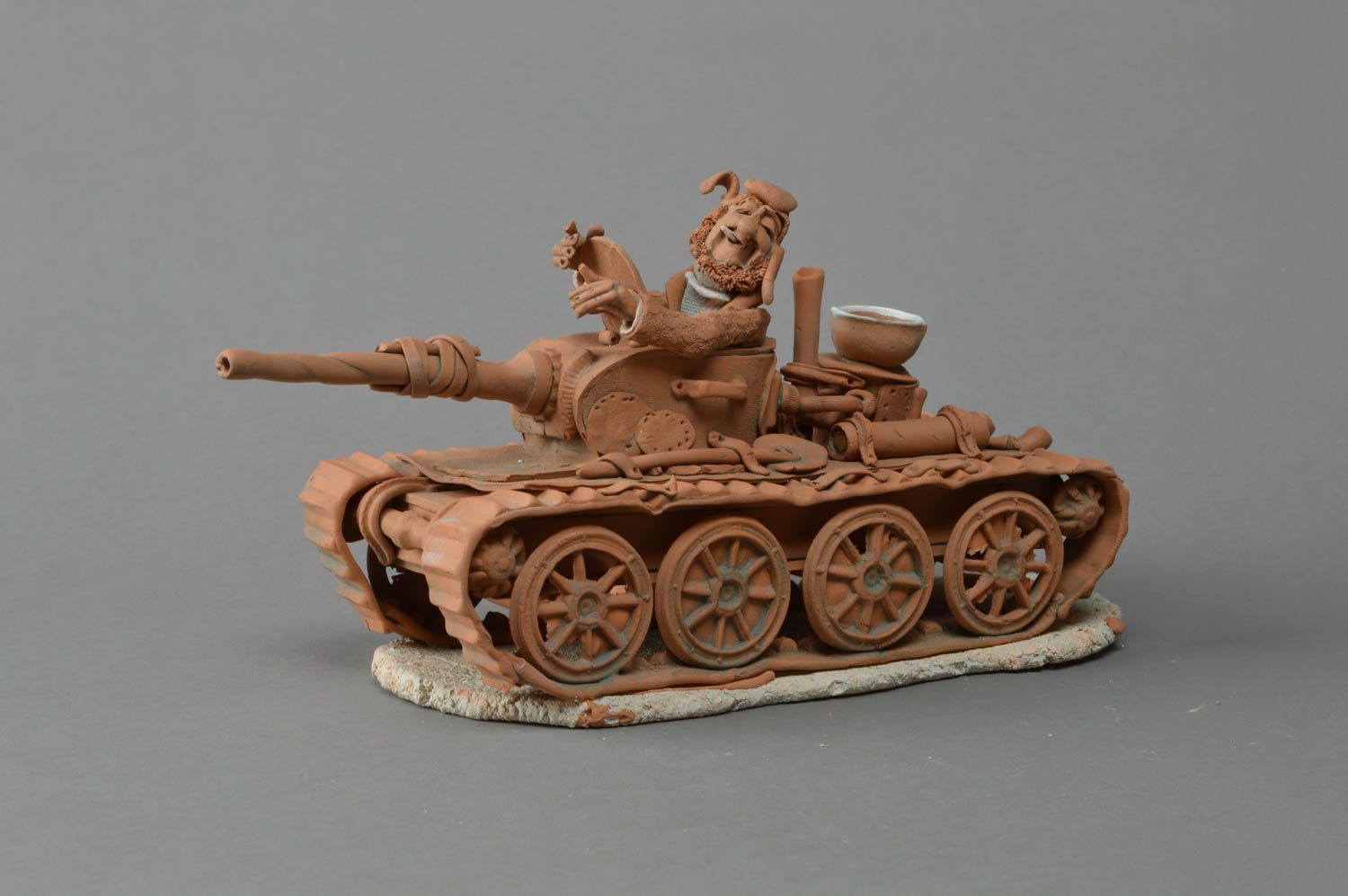 Handmade decorative clay figurine Soldier in Tank brown small interior statuette for home decor photo 1