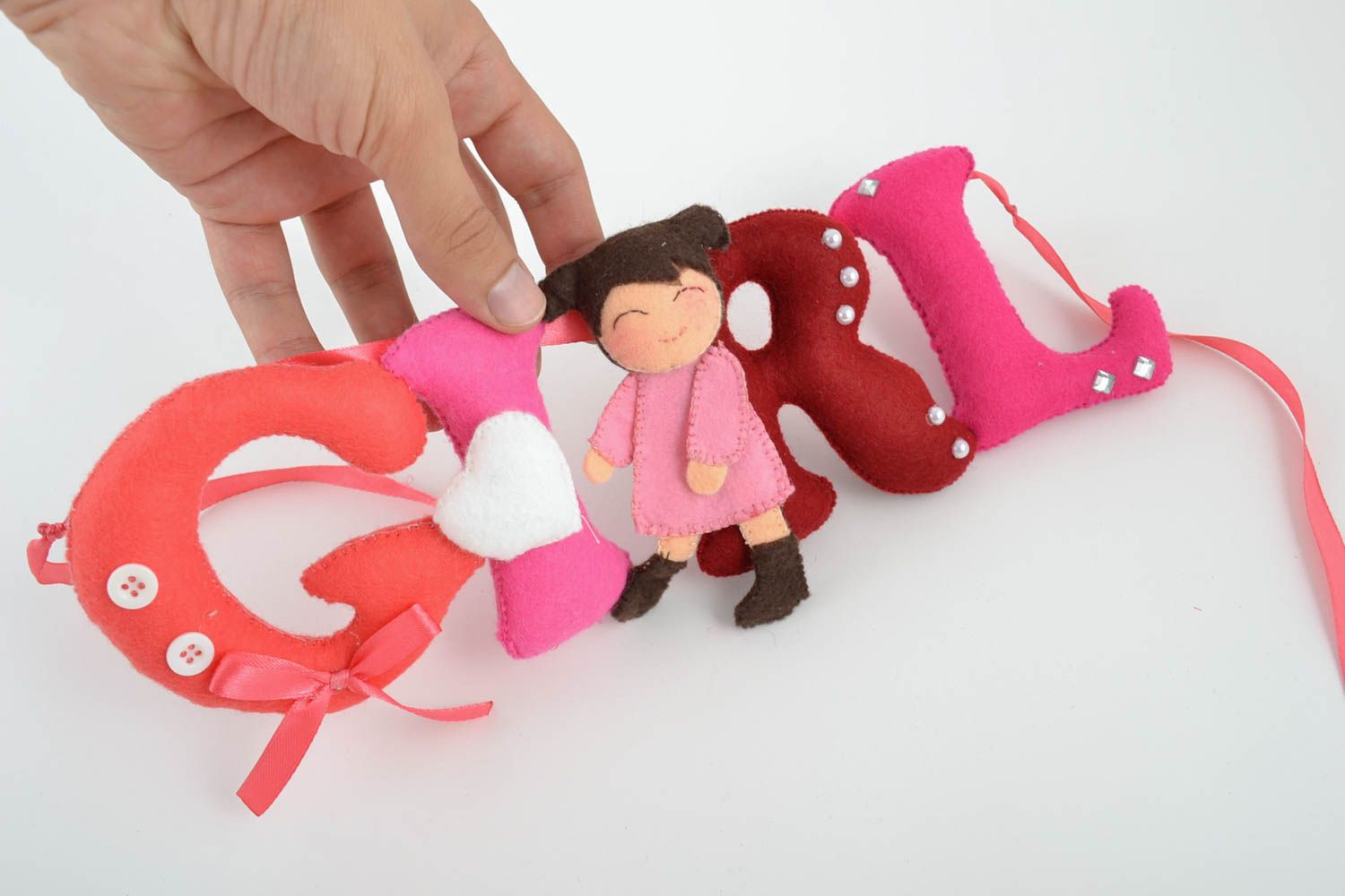 Mot décoratif en feutre fait main de couleurs roses avec fille à suspendre GIRL photo 5