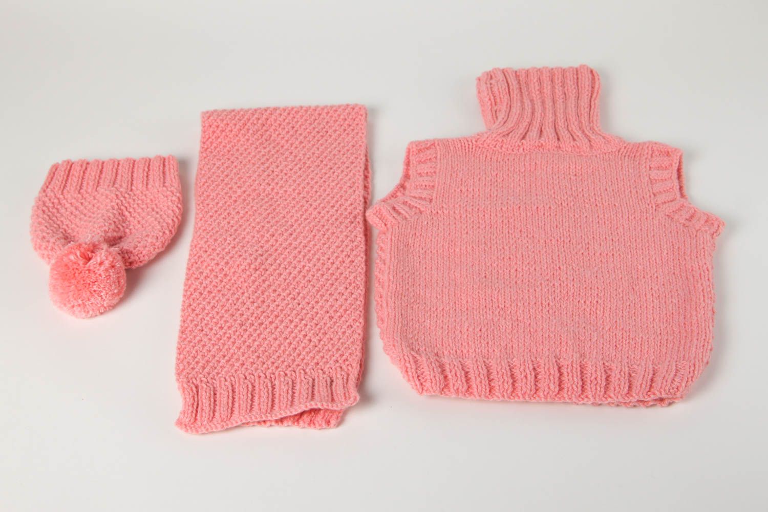 Designer vest pink winter scarf knitted hat handmade clothes for children photo 3