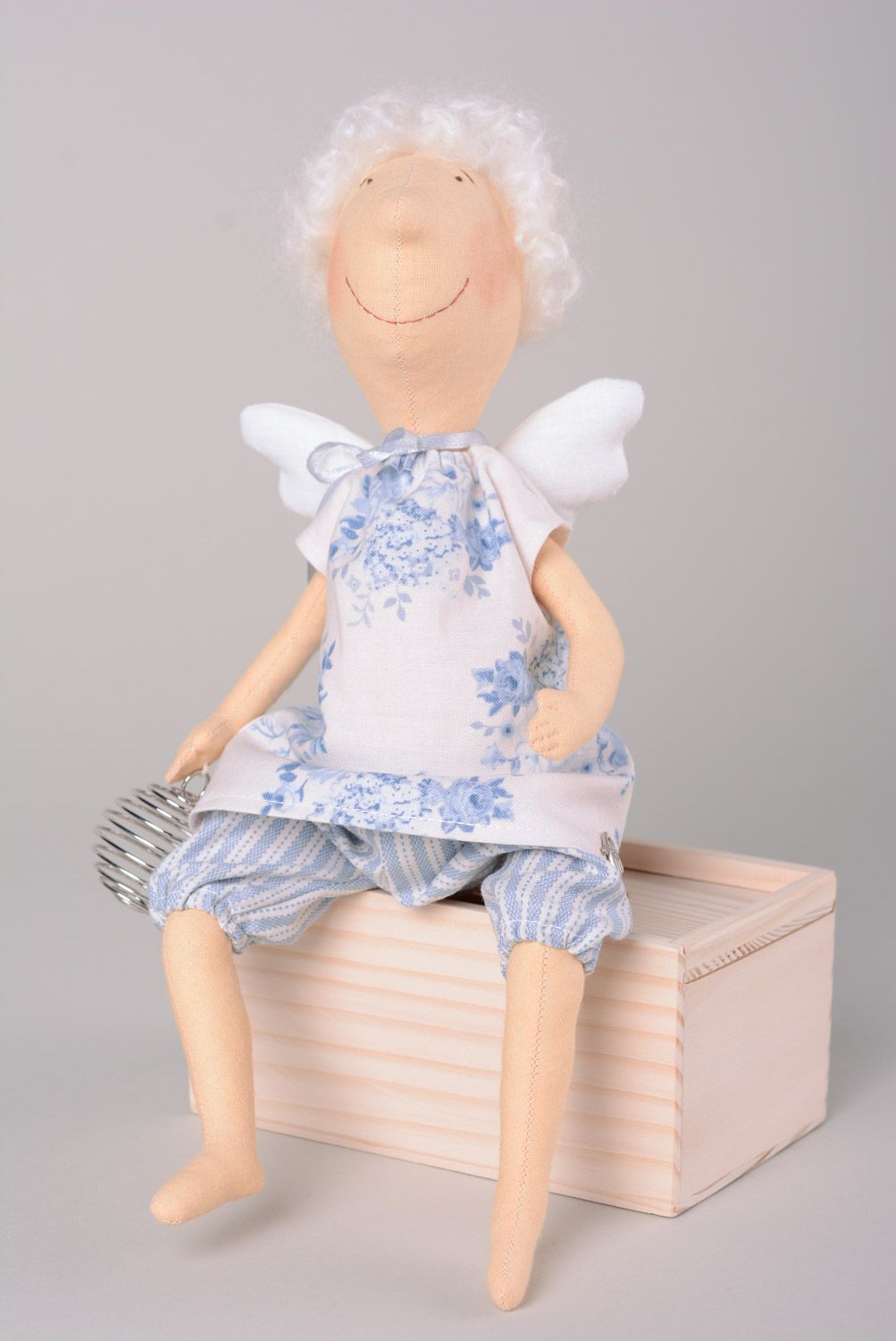 Handmade designer soft doll sewn of cotton in the shape of angel in blue suit photo 1