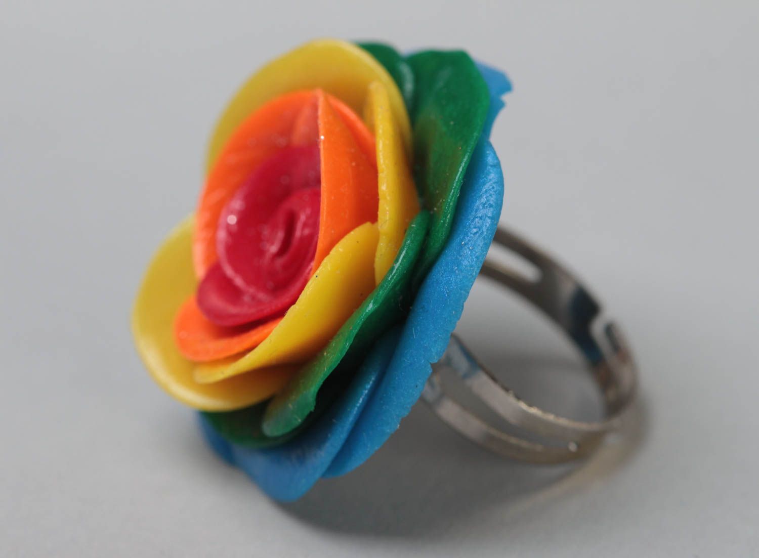 Handmade seal ring on metal basis with polymer clay flower of rainbow coloring photo 3