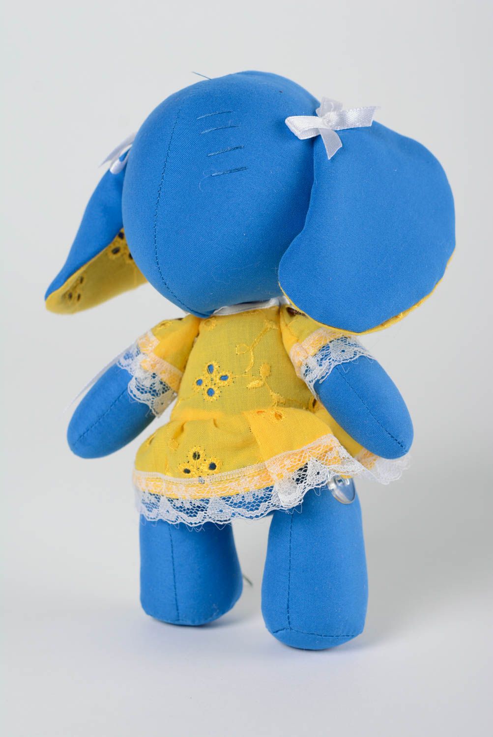 Handmade designer cotton fabric soft toy blue elephant in bright yellow dress photo 4